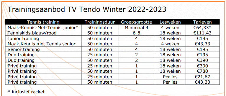 Trainingsaanbod TV Tendo winter 2022 2023